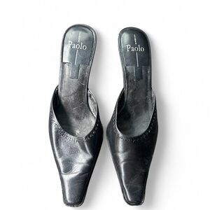 LINEA PAOLO Black Leather Square Toe Kitten Heel Mules Women's Shoes 9 US